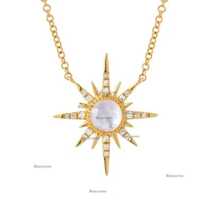 Rainbow Moonstone &Real Diamond Sunburst Chain Necklace In Solid 14k Yellow Gold - Picture 1 of 6