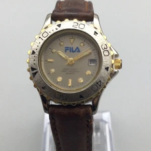 Vtg Fila Watch Women 28mm Silver Gold Tone Date 300M Leather Band New Battery - Picture 1 of 16