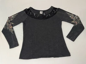 Harley Davidson Skull Rose Tattoo Long Sleeve Top Lace Detail Women's Size Large - Picture 1 of 5