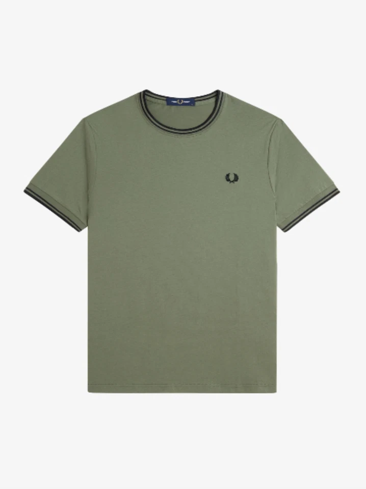 T-shirt Fred Perry doppia punta/corona di alloro verde - 2XL DHL NEXT DAY - Immagine 1 di 1
