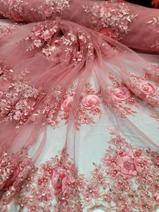 3d Lace Coral 3d Floral Rhinestones Embroidery Fabric Sold By The Yard Scalloped - Picture 1 of 12