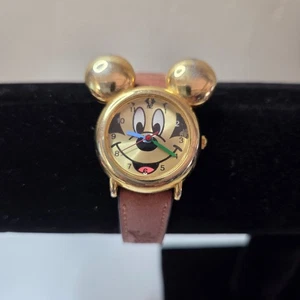 Vintage 80's  Mickey Mouse Watch with 10kt Gold Ears/Face-Genuine Leather Band - Picture 1 of 8