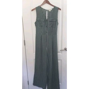 Monteau LA Wide Leg Jumpsuit Open Back Women's SZ Large Green White Stripes - Picture 1 of 14