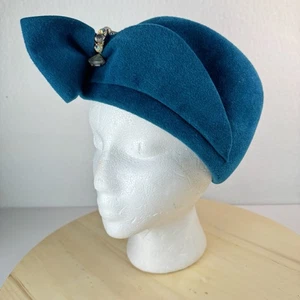 VTG Union Made Felt Turban Hat Teal Bow Rhinestone Clip 5.5in USA Roaring 20s - Picture 1 of 20