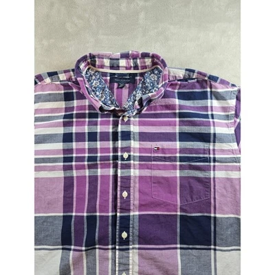 Camisa Tommy Hilfiger Para Hombre 2XL Púrpura A Cuadros Manga Corta Con Botones Borde Floral Foto 1 de 4