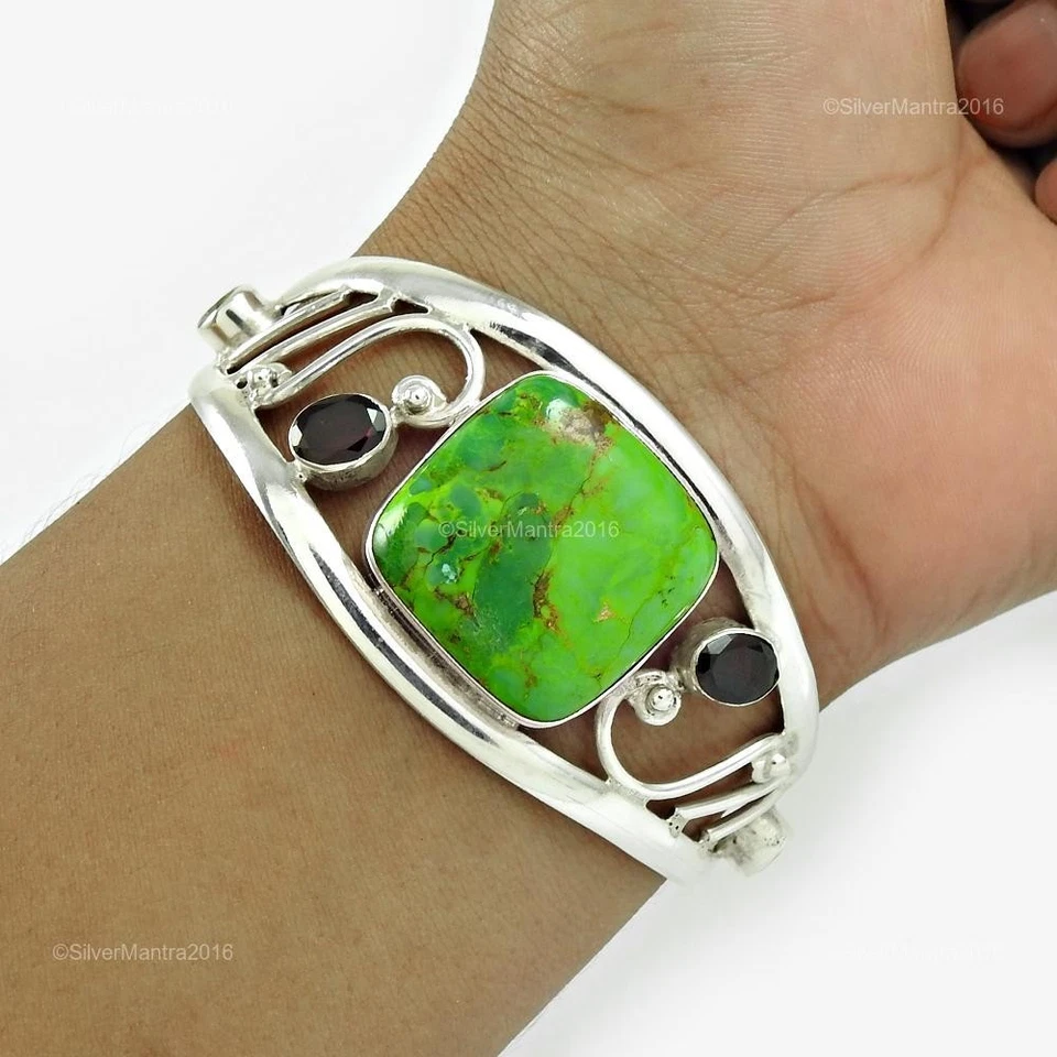 Cushion Green Copper Turquoise Bezel December Wife Bangle Bracelet Solid Silver - Image 1 of 4