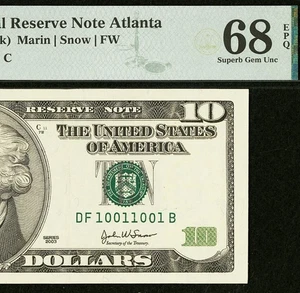 2003 $10 FRN PMG 68EPQ Top Pop 1/0 -Binary Radar Repeater Serial Number 10011001 - Picture 1 of 4