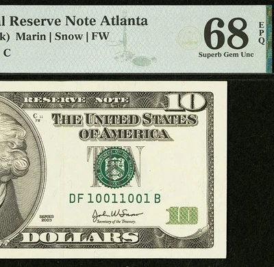 2003 $10 FRN PMG 68EPQ Top Pop 1/0 -Binary Radar Repeater Serial Number 10011001 - Image 1 of 4