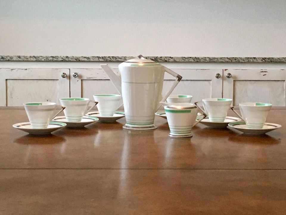 Shelley Eve 12480 Green Silver Lines Demitasse Set 6x Tazas Platillos Cafetera Foto 1 de 4