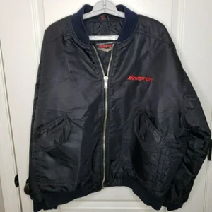 Vintage Snap On Flight Jacket Black USA Flag 2 sided Embroidered SZ XL Bomber - Picture 1 of 9