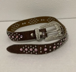 Girl's Sparkle Pink Heart ๐ Western-style Brown Leather Belt Rhinestone - Picture 1 of 4