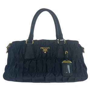 PRADA Tessuto Ruched Shoulder Bag handbag Black Black Nylon/leather - Picture 1 of 10
