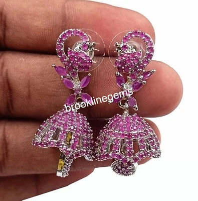 Brincos de casamento tradicionais folheados a prata safira rosa uso para festa Jhumka - Imagem 1 de 4
