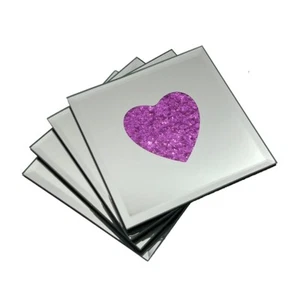 Lustre Love Heart Pink Sparkle Glitter Mirrored Glass Coaster Set of 4 Mat Home - Picture 1 of 9