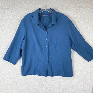 Karen Scott Top Women's Large Blue 3/4 Sleeve Button Up Padded Shoulders Blouse - Picture 1 of 15