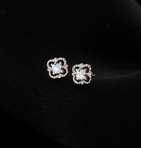 Tiny Flower Lucky Clover Silver Opal Stud Earrings