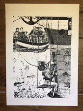 Vintage Original Art Print European Deep Sea Diving Helmet Navy Sailors In Boat