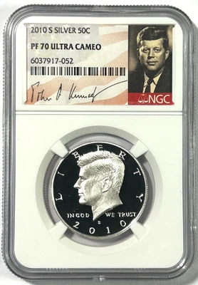 2010s Kennedy Silver Proof Half Dollar PF70UCam NGC, Signature/Portrait Label! - Image 1 of 4
