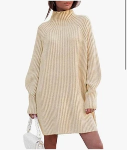 NWT Illusionary Cream Knit Long Sleeve Mock Neck Sweater Mini Dress Sz Med T7 - Picture 1 of 4