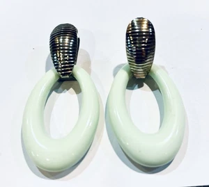 Vintage 80s Interchangeable Door Knocker Earrings Light Celadon Silver X923 - Picture 1 of 6