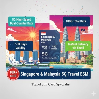 Singapore Malaysia 5G Travel eSIM | 10GB Data 7-30 Days | Instant Activation - Image 1 of 2