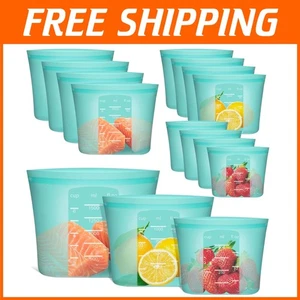 12 Durable Food Storage Bags in Aqua - Reusable, Dishwasher, Oven Safe Silicone - Picture 1 of 9