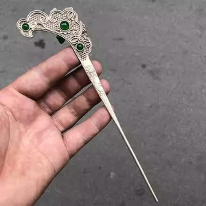 Red Beads Jade Inlaid Old Tibetan Silver Hairpin,Chinese Old Craft Made - Picture 1 of 7
