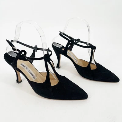 Vintage Manolo Blahnik Black Suede T-Strap Ankle Strap Pointed Toe Pump IT 38.5 - Image 1 of 4