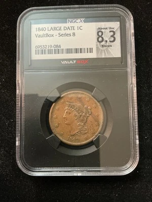 1840 Large Date Braided Hair Large Cent NGC AU53 Brown Vaultbox - Image 1 of 4