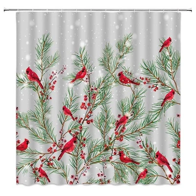 AMHNF Christmas Red Bird Shower Curtain Merry Winter Holiday Watercolor Birds - Image 1 of 2