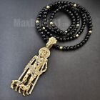 Hip Hop Gold Plated Iced SAN LAZARO Charm & 6mm 30" Black Stone Bead Necklace