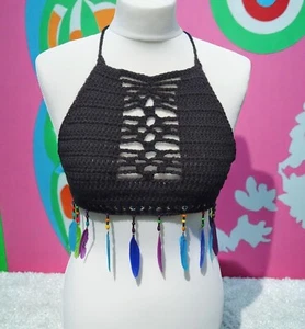 Boho Chic Crochet Halter Top with Beads and Feathers, Festival Ready Beach Wear - Picture 1 of 5
