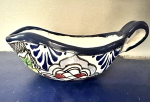 Mexican Talavera Sauce Gravy Boat hand paint Zepeda Blue Gold Glazed Small Pue - Picture 1 of 6