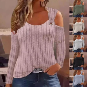 Womens Long Sleeve Jumper Cold Shoulder Top RIBBED Stretch Shirts Blouse SIZE UK - Picture 1 of 15