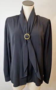 Vintage Liz Baker Womans Size 14 Black Blouse Removable Scarf Shoulder Pads - Picture 1 of 7