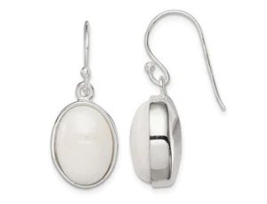 Sterling Silver Polished Oval White Jade Dangle Earrings - Picture 1 of 5