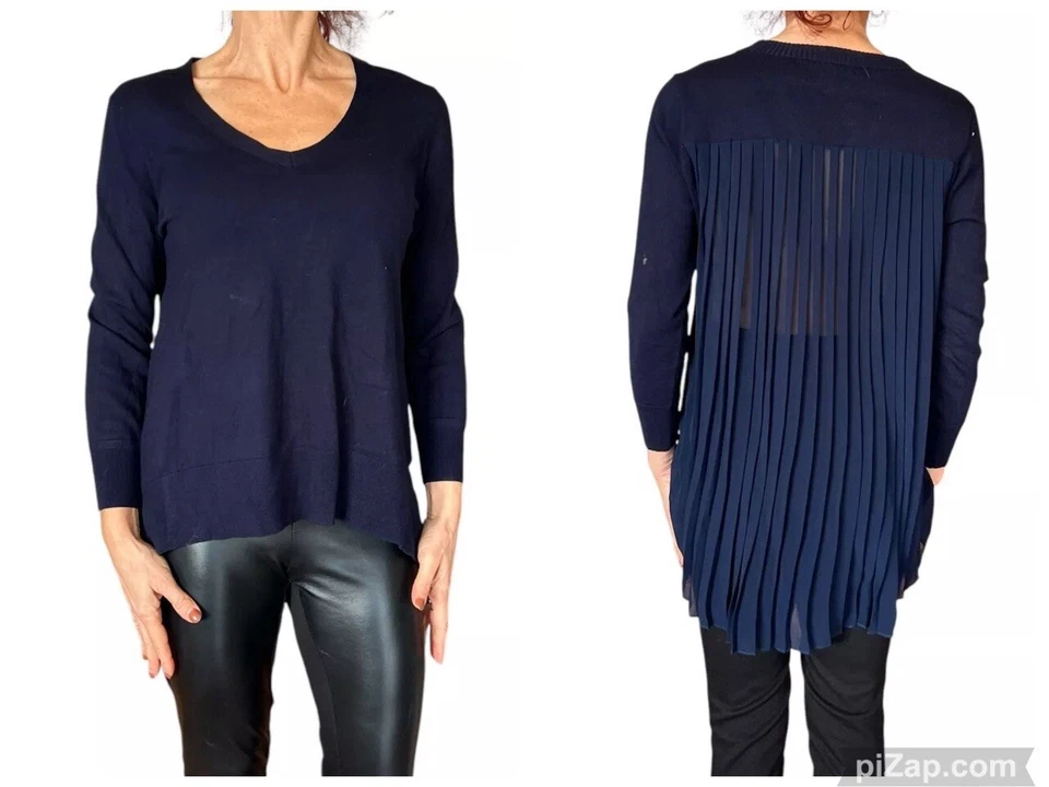 Karen Millen Womens Sweater Blue Sheer Pleated Flowy Back VNeck Pullover sz. 3 M - Image 1 of 4