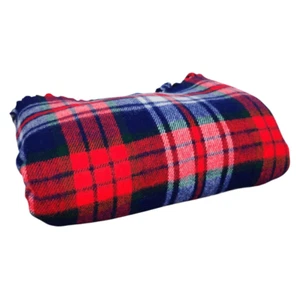 Dorr Woolen Co. Vintage Red and Navy Plaid Wool Blanket with Fringe Size 54" - Picture 1 of 5