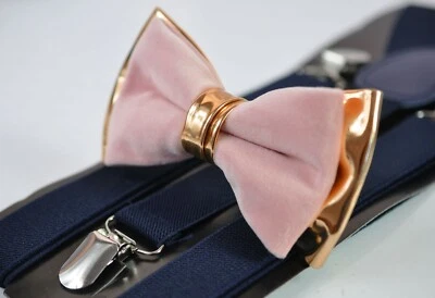 Pajarita de cuero dorado rosa polvoriento de terciopelo + tirantes azul marino todas las edades Foto 1 de 4