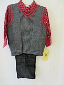 Good Lad Boys 3 Pc Set Gray Sweater Vest Red Shirt Blk Corduroy Pants Sz 5 #1526 - Picture 1 of 5