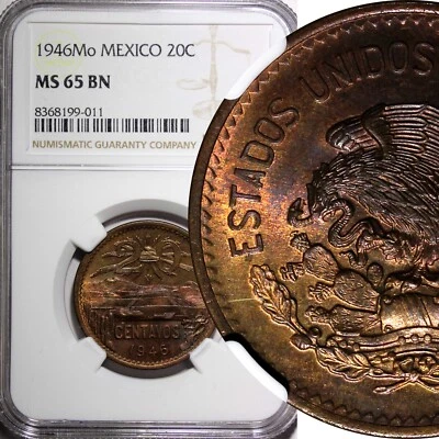 MEXICO Bronze 1946 20 Centavos NGC MS65 BN ONLY 1 GRADED HIGHEST  KM# 439 (011) - Image 1 of 4