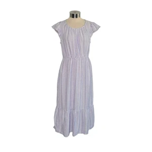 Briggs Women's Linen Blend Tiered Ruffle Sleeve Dress Size XS White Blue Striped - Picture 1 of 13