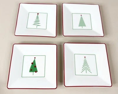 CRATE & BARREL Red Green 5.5" Holiday Christmas Tree Appetizer Plates New In Box - Image 1 of 4