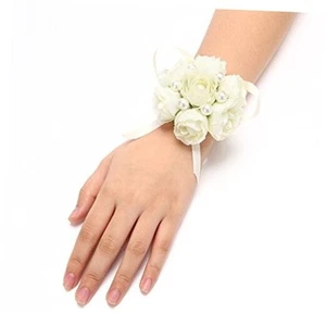 Girl Bridesmaid Wedding Wrist Corsage Party Prom Hand Flower Ivory X 2pcs - Picture 1 of 6