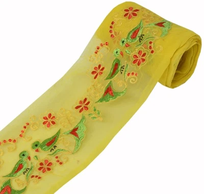 Sushila Vintage Yellow Saree Border Indian Craft Sewing Trim Embroidered Lace - Image 1 of 4