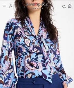 NEW KATE SPADE Autumn Paisley Tie-neck Shirt 70’s Vibe Pussy Bow Med Blue Pink - Picture 1 of 9