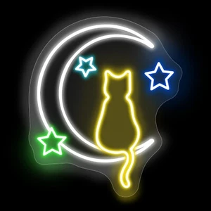 Moon Cat Neon Signs for Wall Decor LED Light Sign for Preppy Room Decor Light... - Picture 1 of 9