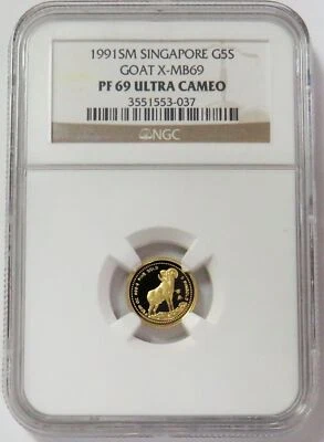1991 GOLD SINGAPORE 250 MINTED 1/20 OZ GOAT COIN NGC PF 69 ULTRA CAMEO - Image 1 of 2