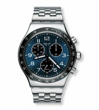 New Swatch BOXENGASSE Blue Dial Chrono Stainless Steel Mens Watch YVS423G