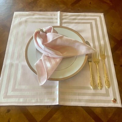 Vintage Unused Made In Brussels Pink Square Fabric Placemats Napkins & Runner - Image 1 of 4